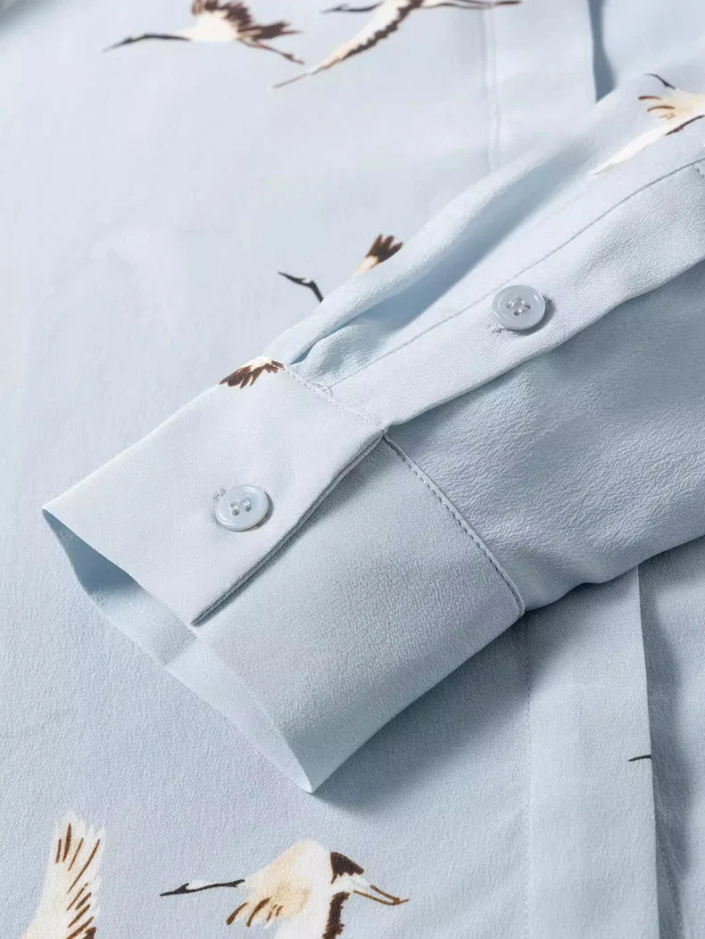 SuyaDream, Woman Printed Shirts, 100% Silk Crepe De Chine, Turn Down Collar, Light Blue Blouses, 2025 Spring Summer Top
