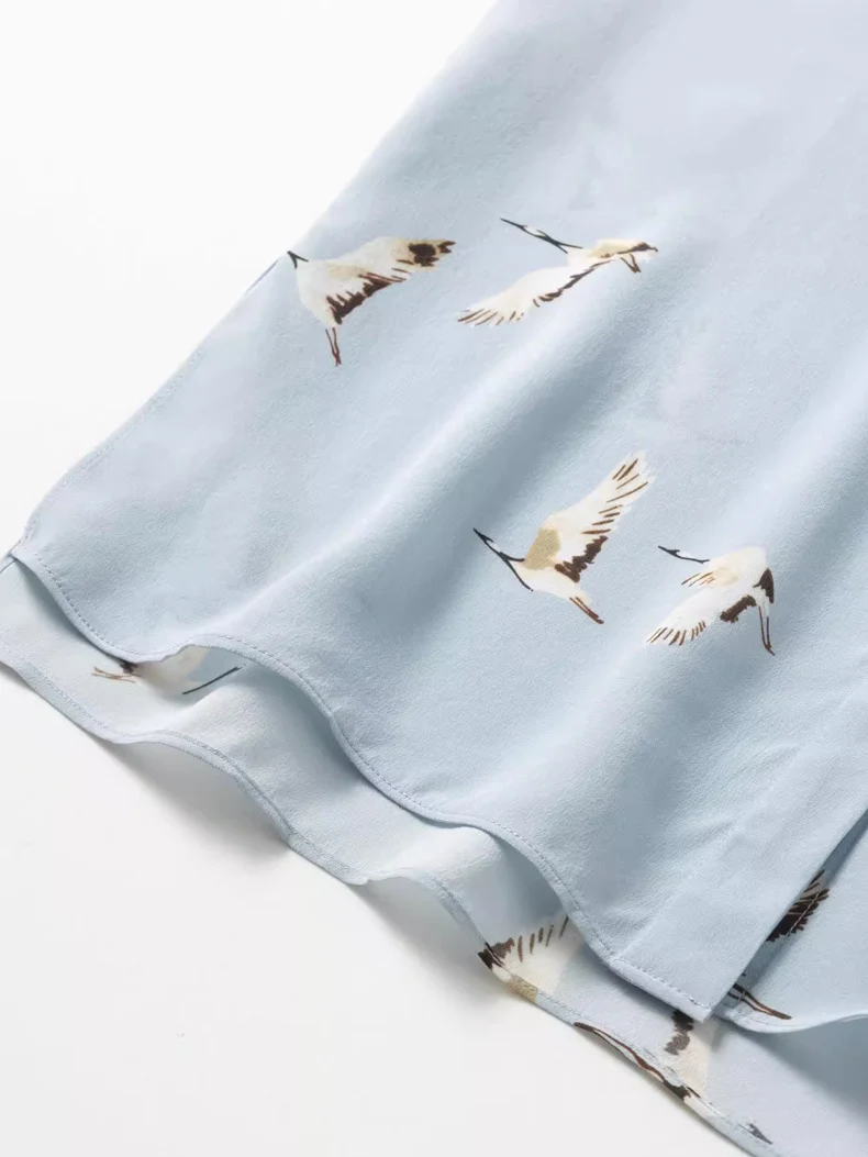 SuyaDream, Woman Printed Shirts, 100% Silk Crepe De Chine, Turn Down Collar, Light Blue Blouses, 2025 Spring Summer Top