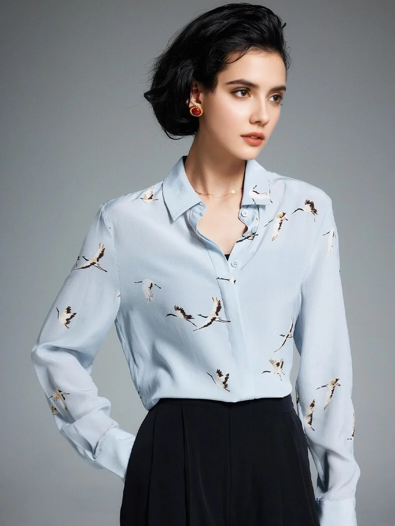 SuyaDream, Woman Printed Shirts, 100% Silk Crepe De Chine, Turn Down Collar, Light Blue Blouses, 2025 Spring Summer Top