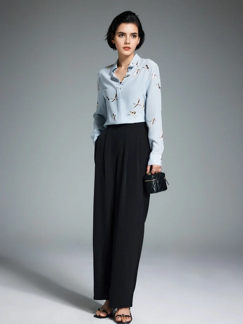 SuyaDream, Woman Printed Shirts, 100% Silk Crepe De Chine, Turn Down Collar, Light Blue Blouses, 2025 Spring Summer Top