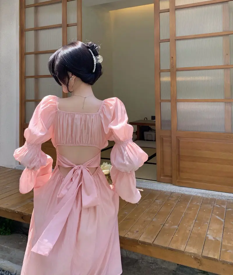 Sweet Back Puff Sleeve Dress Women Autumn 2025 New Pink Bandage Dress Fashion Elegant Chiffon Long Dresses Female