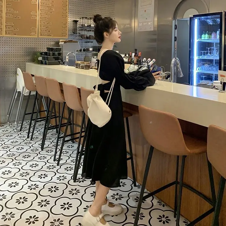 Sweet Back Puff Sleeve Dress Women Autumn 2025 New Pink Bandage Dress Fashion Elegant Chiffon Long Dresses Female