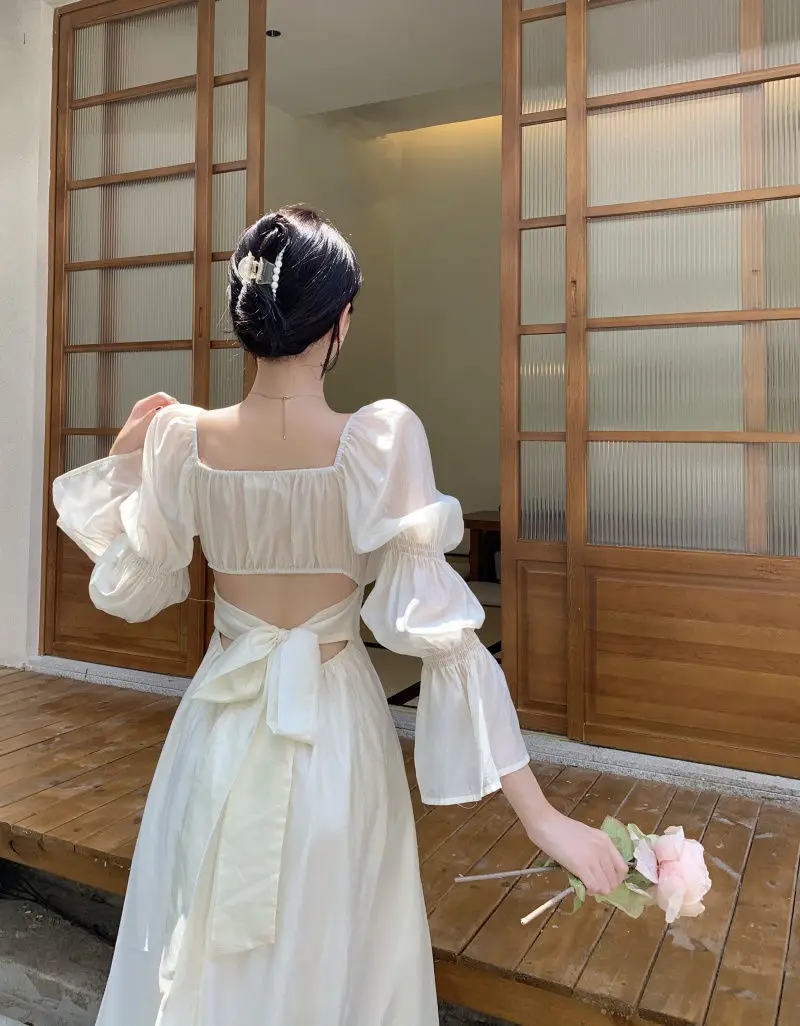 Sweet Back Puff Sleeve Dress Women Autumn 2025 New Pink Bandage Dress Fashion Elegant Chiffon Long Dresses Female