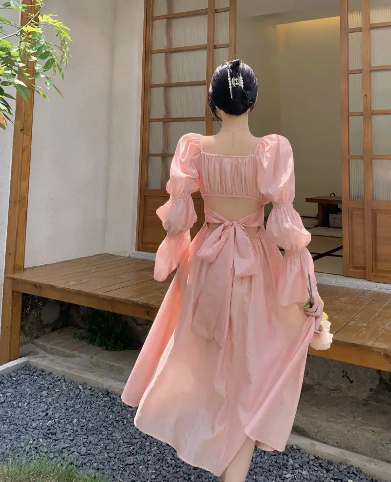 Sweet Back Puff Sleeve Dress Women Autumn 2025 New Pink Bandage Dress Fashion Elegant Chiffon Long Dresses Female