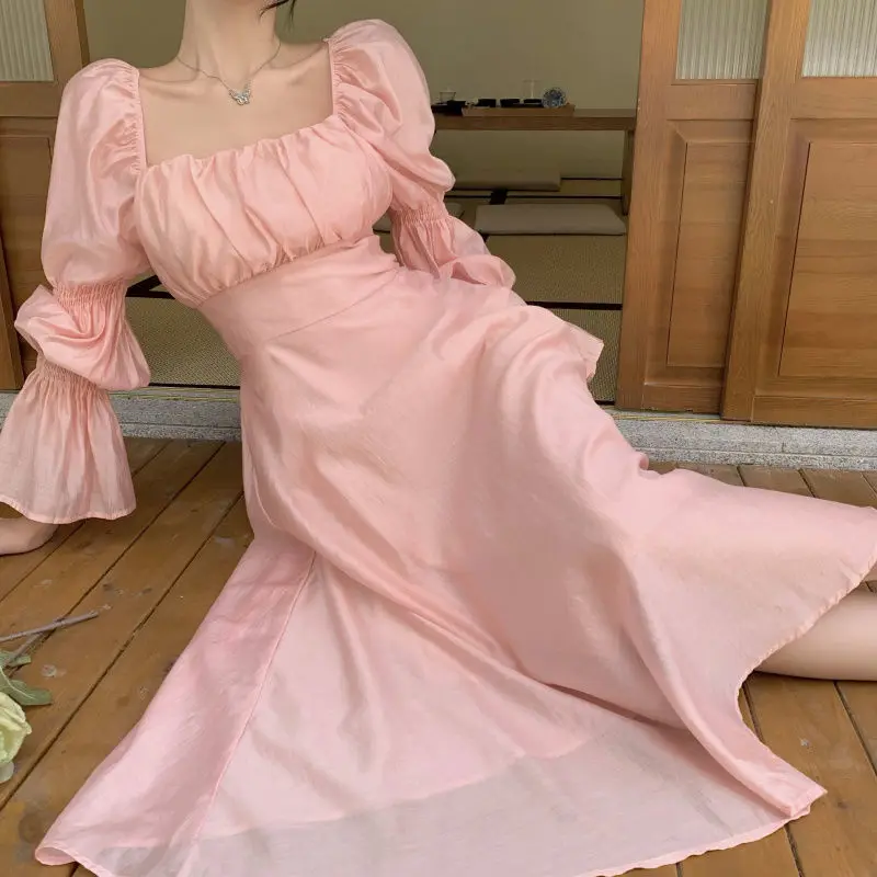 Sweet Back Puff Sleeve Dress Women Autumn 2025 New Pink Bandage Dress Fashion Elegant Chiffon Long Dresses Female