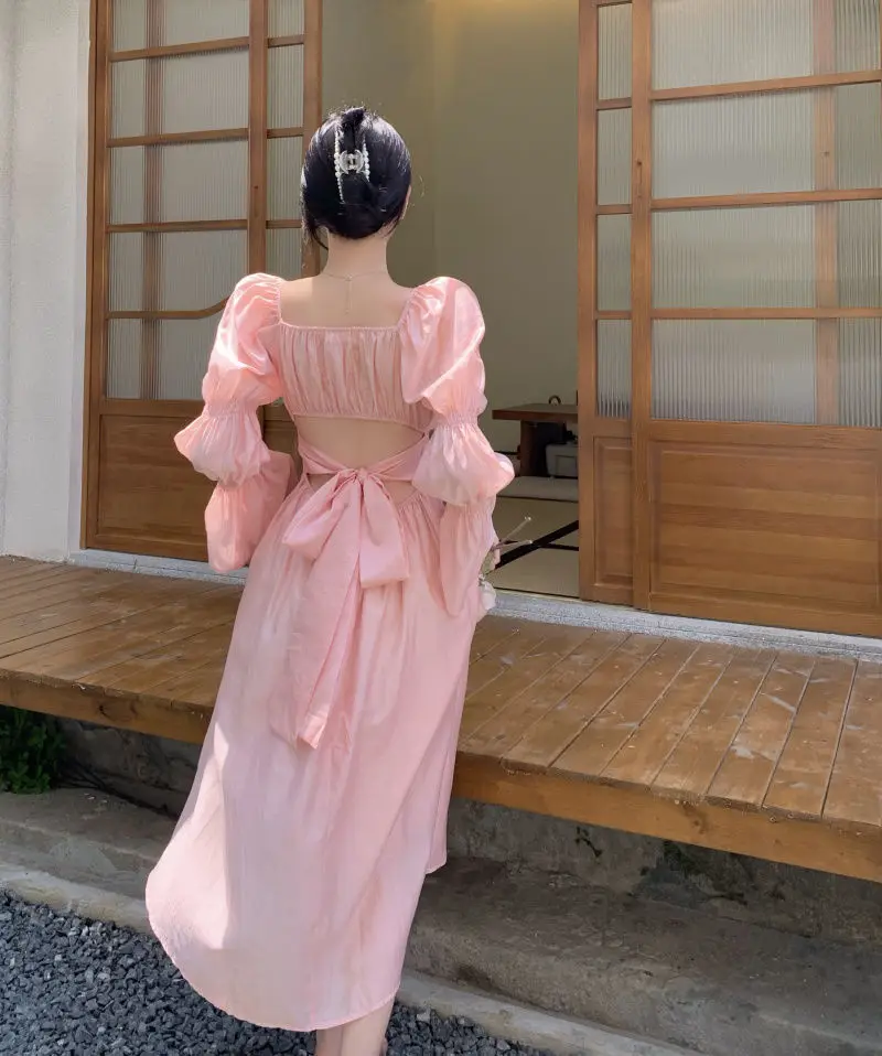 Sweet Back Puff Sleeve Dress Women Autumn 2025 New Pink Bandage Dress Fashion Elegant Chiffon Long Dresses Female