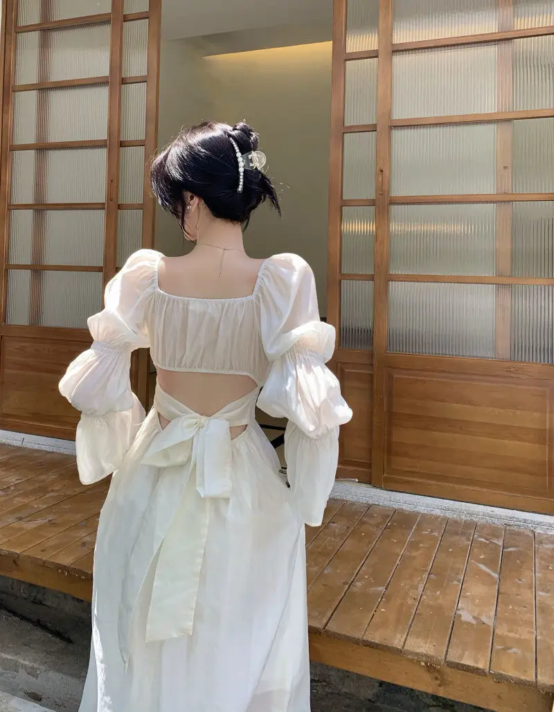 Sweet Back Puff Sleeve Dress Women Autumn 2025 New Pink Bandage Dress Fashion Elegant Chiffon Long Dresses Female