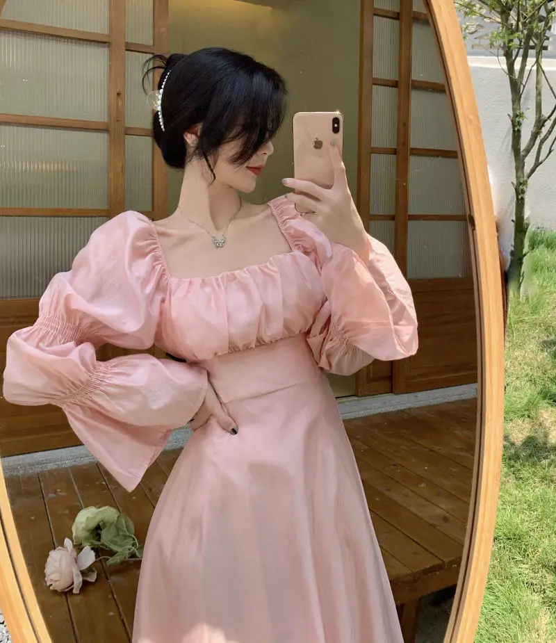Sweet Back Puff Sleeve Dress Women Autumn 2025 New Pink Bandage Dress Fashion Elegant Chiffon Long Dresses Female