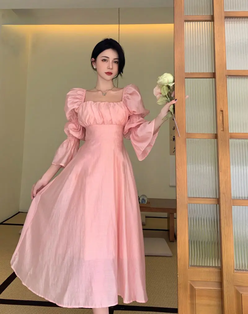 Sweet Back Puff Sleeve Dress Women Autumn 2025 New Pink Bandage Dress Fashion Elegant Chiffon Long Dresses Female