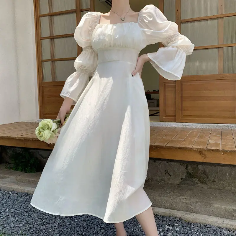 Sweet Back Puff Sleeve Dress Women Autumn 2025 New Pink Bandage Dress Fashion Elegant Chiffon Long Dresses Female