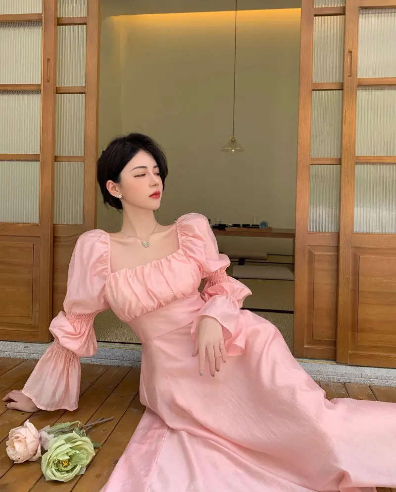 Sweet Back Puff Sleeve Dress Women Autumn 2025 New Pink Bandage Dress Fashion Elegant Chiffon Long Dresses Female