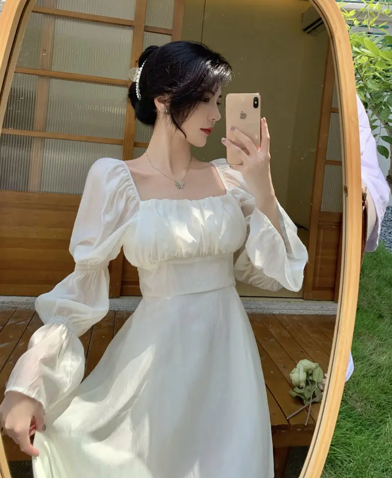Sweet Back Puff Sleeve Dress Women Autumn 2025 New Pink Bandage Dress Fashion Elegant Chiffon Long Dresses Female