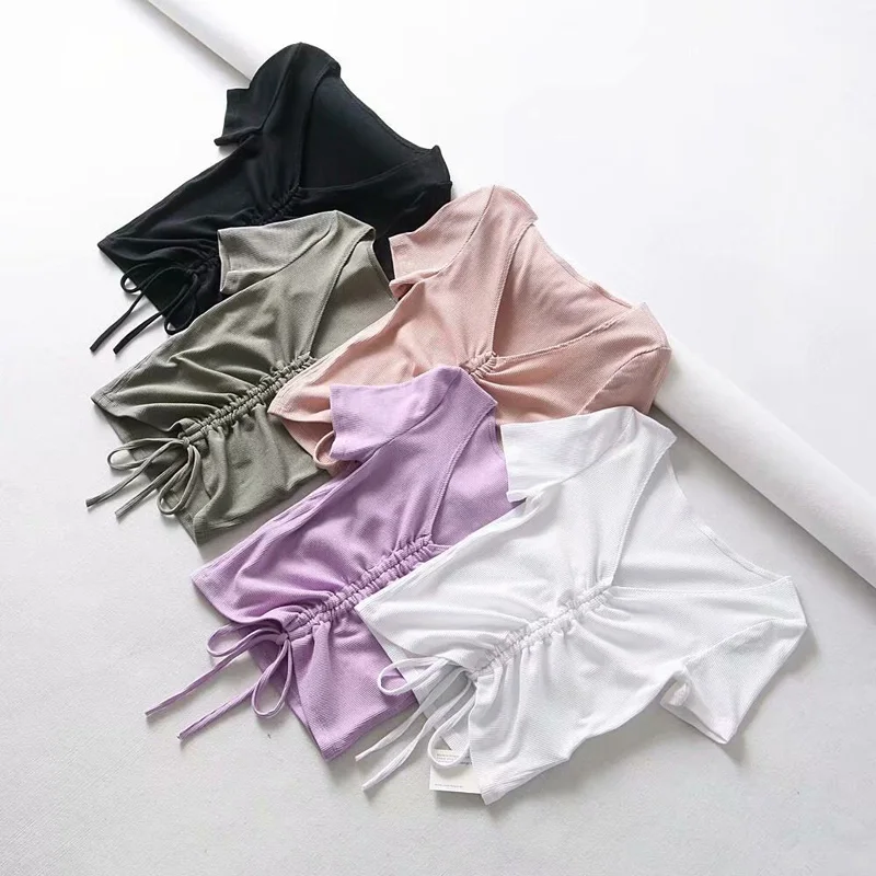 Sexy V Neck Cropped Tank Tops Women Drawstring Tie Up Front Camis Candy Colors Streetwear Slim Fit Ribbed Crop Top 2024
