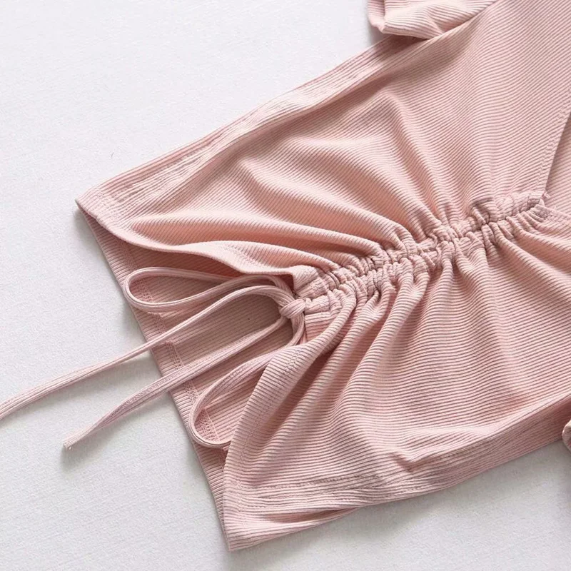 Sexy V Neck Cropped Tank Tops Women Drawstring Tie Up Front Camis Candy Colors Streetwear Slim Fit Ribbed Crop Top 2024