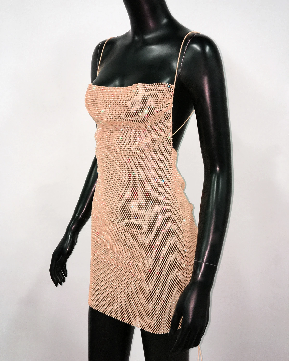 AKYZO Sexy See Through Halter Mini Dress Shiny Diamante Low Neckline Hollow Out Backless Side Slit Clubwear Party 