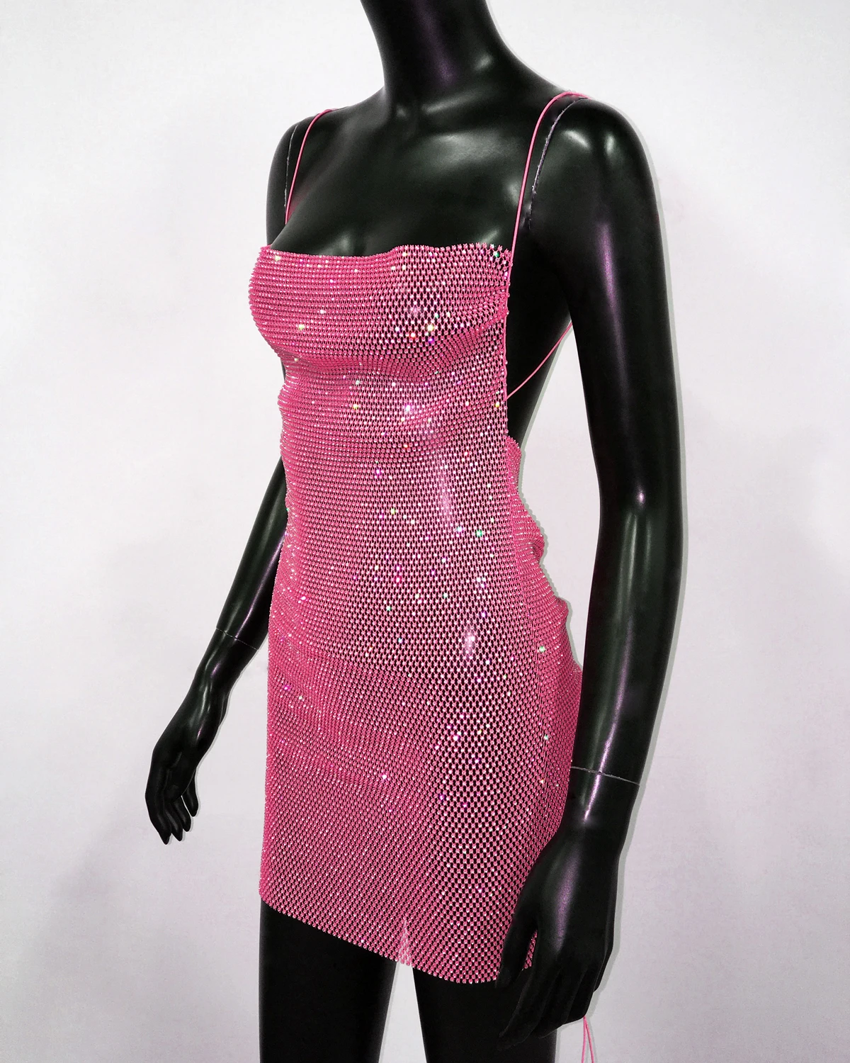 AKYZO Sexy See Through Halter Mini Dress Shiny Diamante Low Neckline Hollow Out Backless Side Slit Clubwear Party 