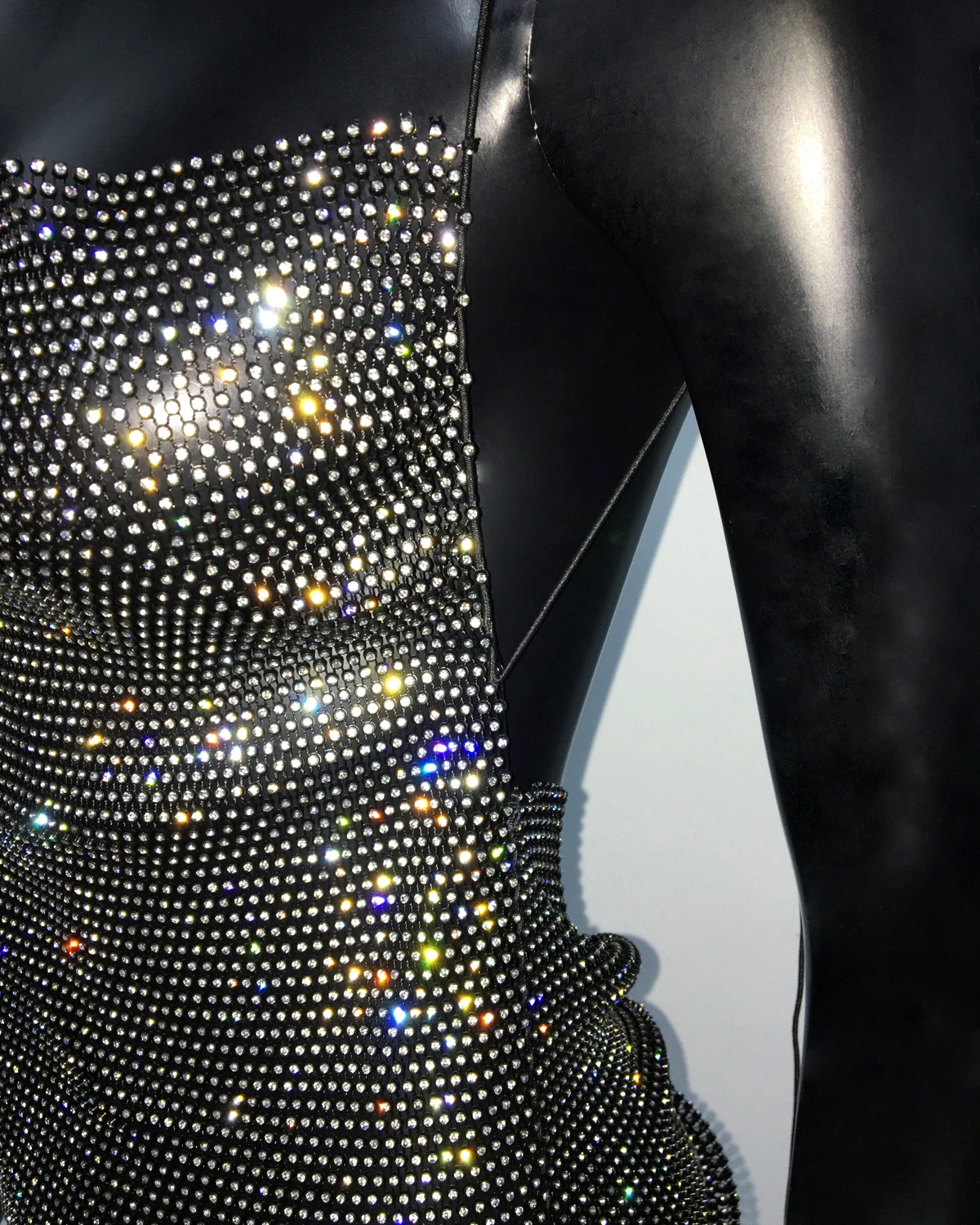 AKYZO Sexy See Through Halter Mini Dress Shiny Diamante Low Neckline Hollow Out Backless Side Slit Clubwear Party 