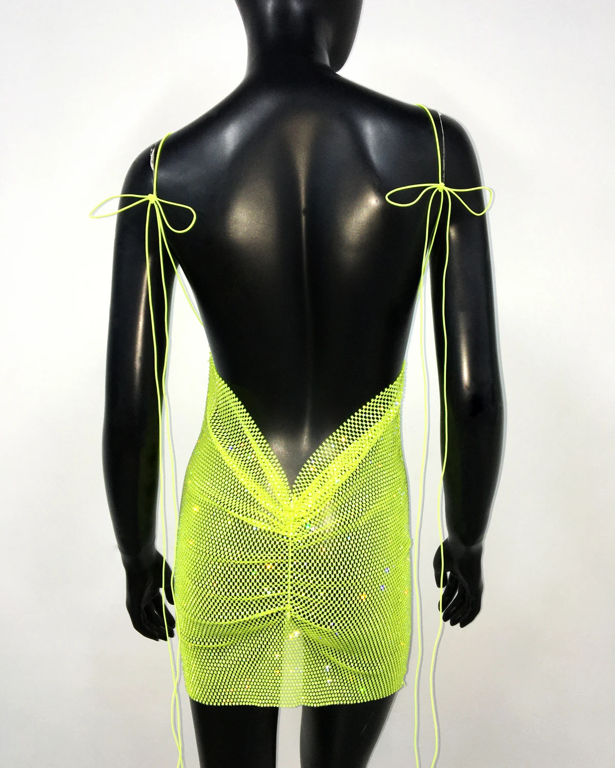 AKYZO Sexy See Through Halter Mini Dress Shiny Diamante Low Neckline Hollow Out Backless Side Slit Clubwear Party 
