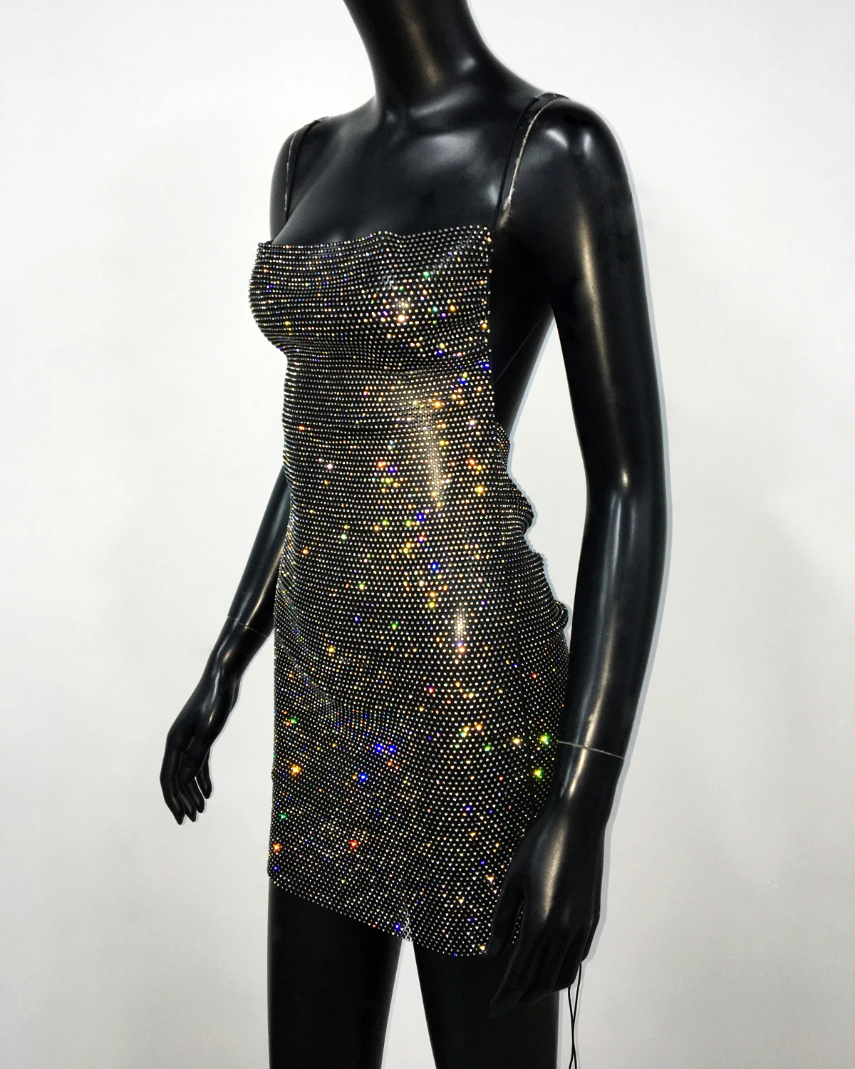AKYZO Sexy See Through Halter Mini Dress Shiny Diamante Low Neckline Hollow Out Backless Side Slit Clubwear Party 