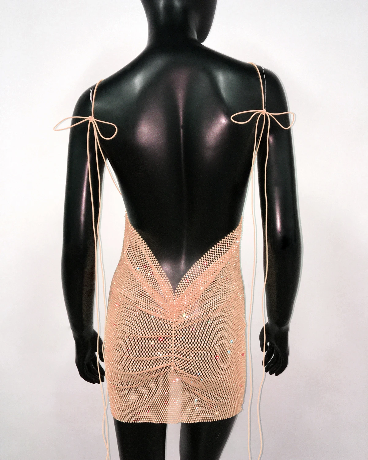 AKYZO Sexy See Through Halter Mini Dress Shiny Diamante Low Neckline Hollow Out Backless Side Slit Clubwear Party 