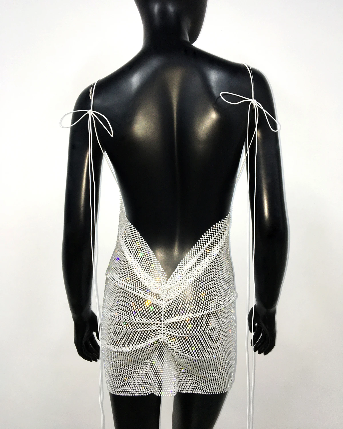 AKYZO Sexy See Through Halter Mini Dress Shiny Diamante Low Neckline Hollow Out Backless Side Slit Clubwear Party 