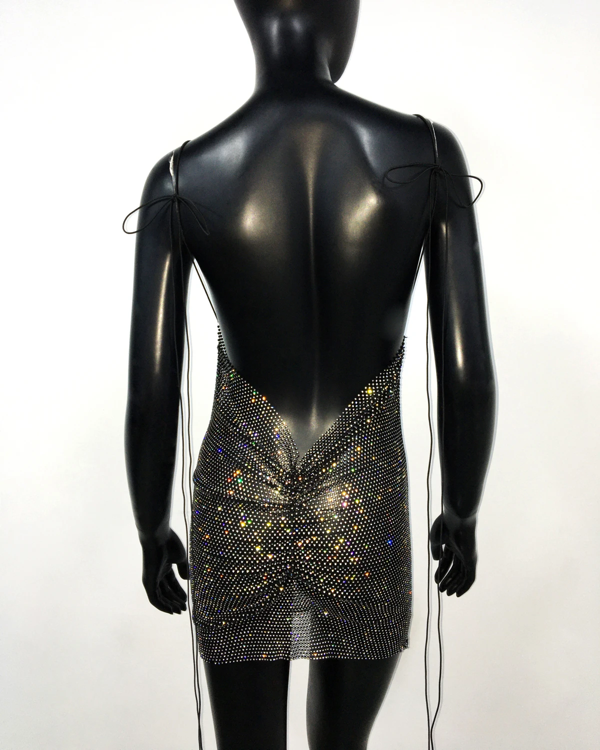 AKYZO Sexy See Through Halter Mini Dress Shiny Diamante Low Neckline Hollow Out Backless Side Slit Clubwear Party 