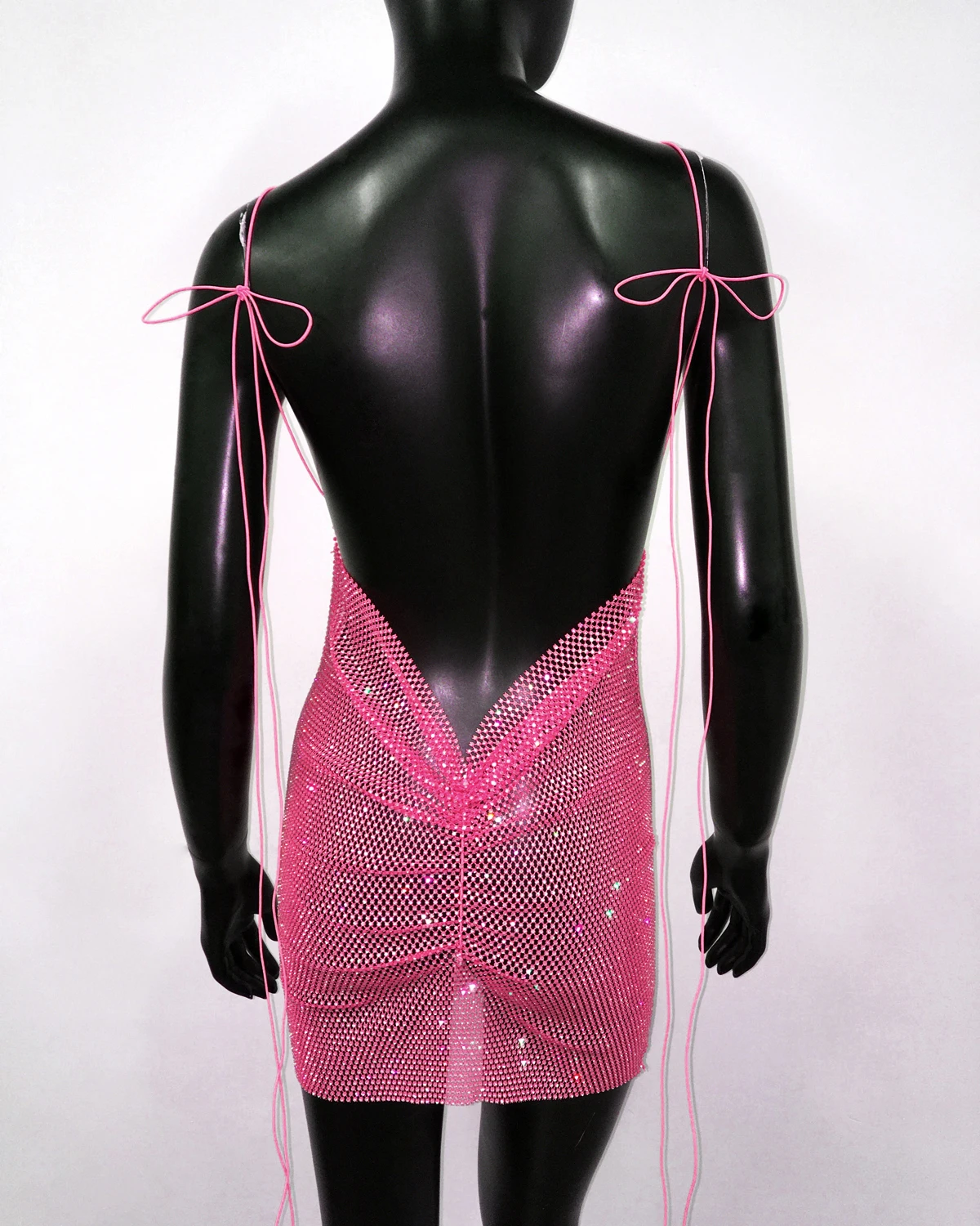 AKYZO Sexy See Through Halter Mini Dress Shiny Diamante Low Neckline Hollow Out Backless Side Slit Clubwear Party 