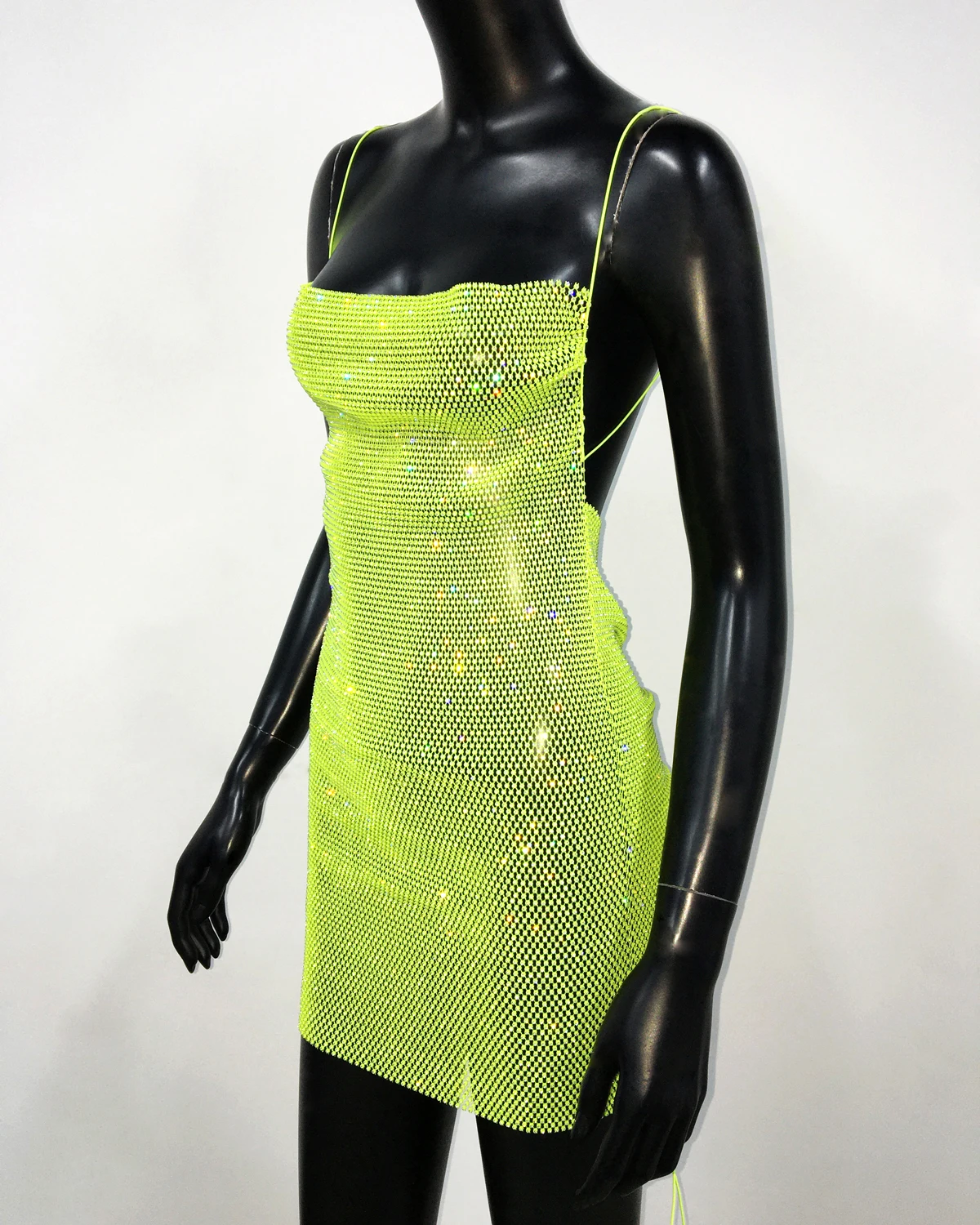 AKYZO Sexy See Through Halter Mini Dress Shiny Diamante Low Neckline Hollow Out Backless Side Slit Clubwear Party 