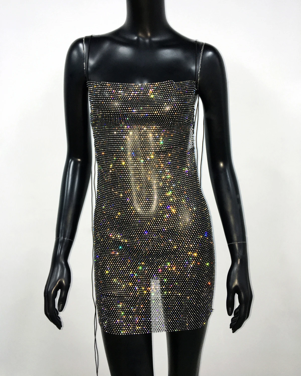 AKYZO Sexy See Through Halter Mini Dress Shiny Diamante Low Neckline Hollow Out Backless Side Slit Clubwear Party 