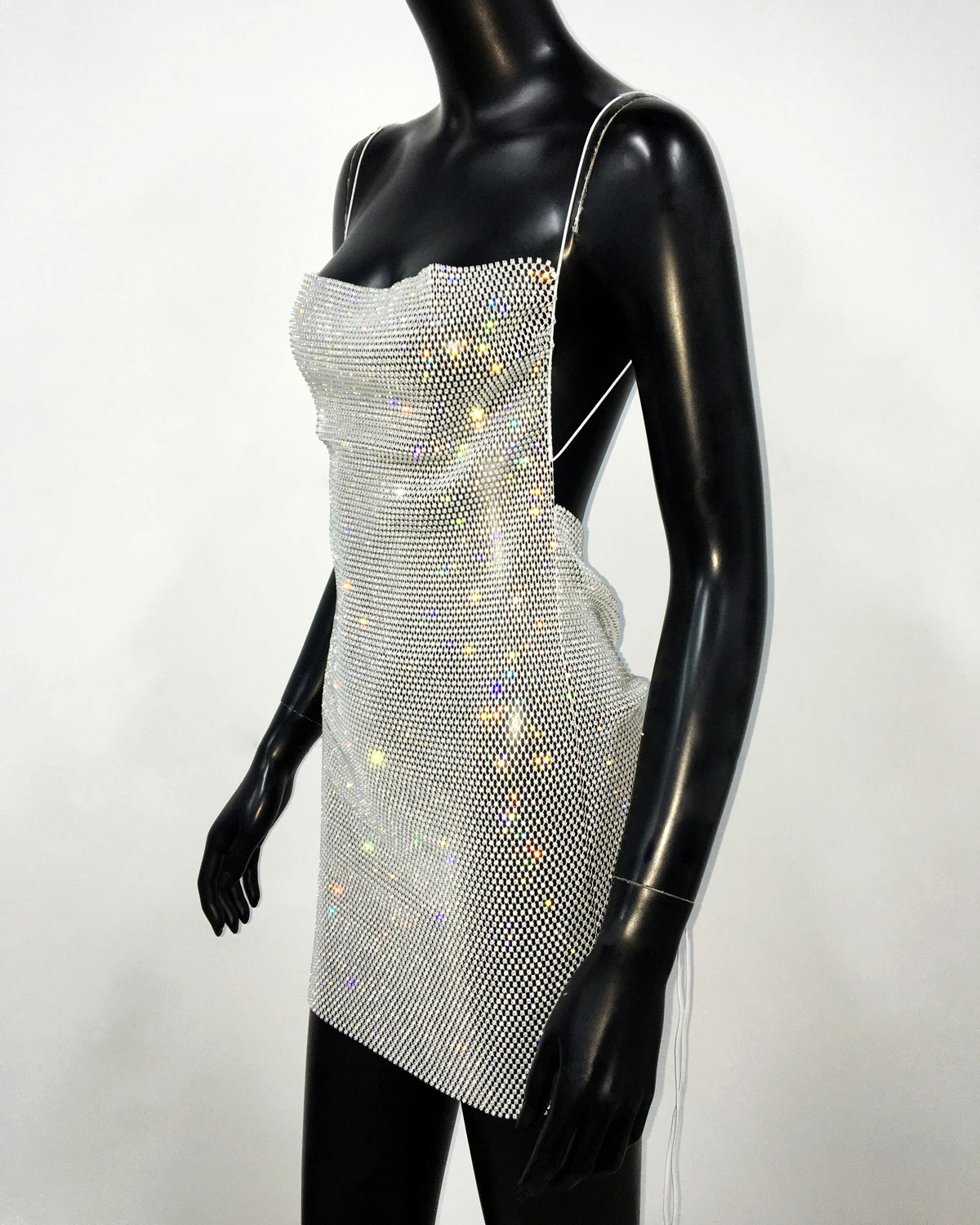 AKYZO Sexy See Through Halter Mini Dress Shiny Diamante Low Neckline Hollow Out Backless Side Slit Clubwear Party 
