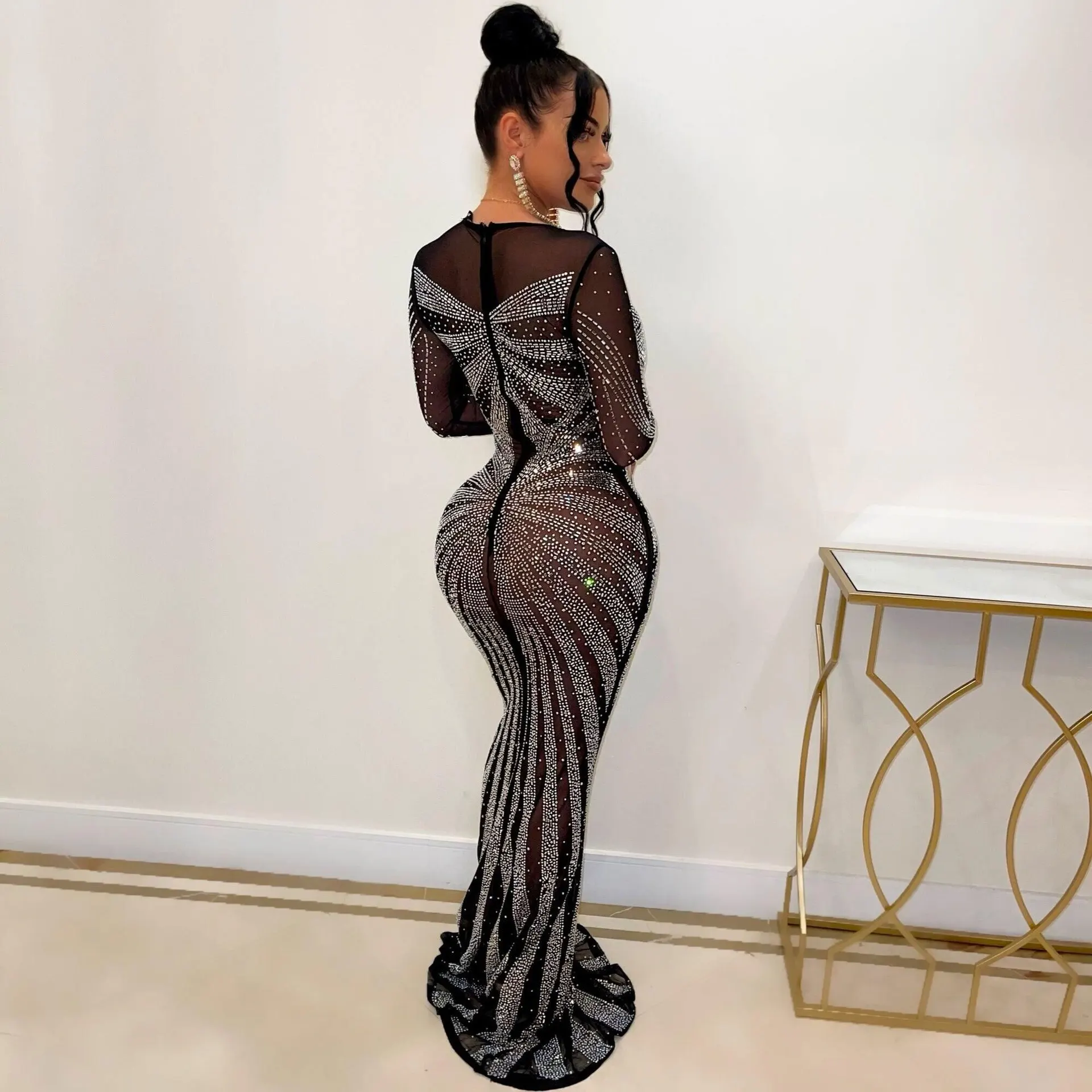 Sexy Rhinestone Crystal Mesh See Through Maxi Dress New Women Long Sleeve Birthday Night Clubwear Long Dress Wedding Party Dress
