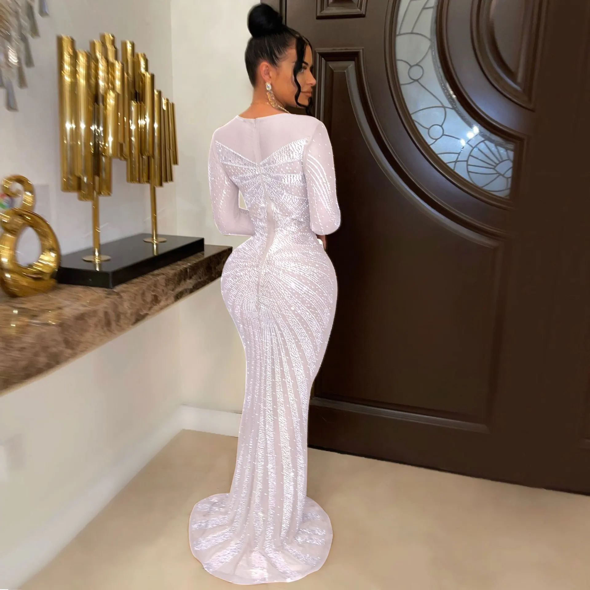 Sexy Rhinestone Crystal Mesh See Through Maxi Dress New Women Long Sleeve Birthday Night Clubwear Long Dress Wedding Party Dress