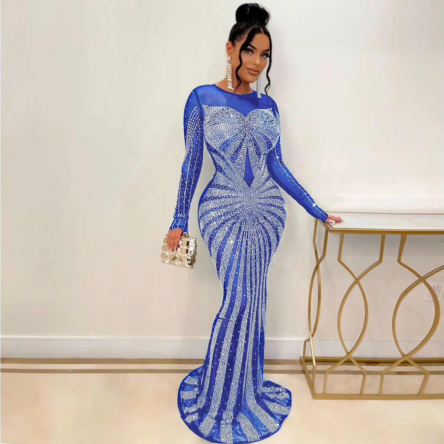 Sexy Rhinestone Crystal Mesh See Through Maxi Dress New Women Long Sleeve Birthday Night Clubwear Long Dress Wedding Party Dress