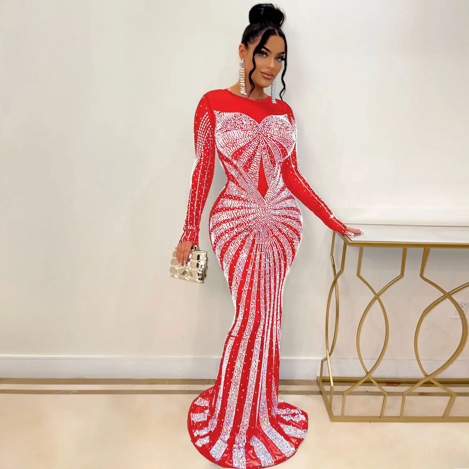 Sexy Rhinestone Crystal Mesh See Through Maxi Dress New Women Long Sleeve Birthday Night Clubwear Long Dress Wedding Party Dress