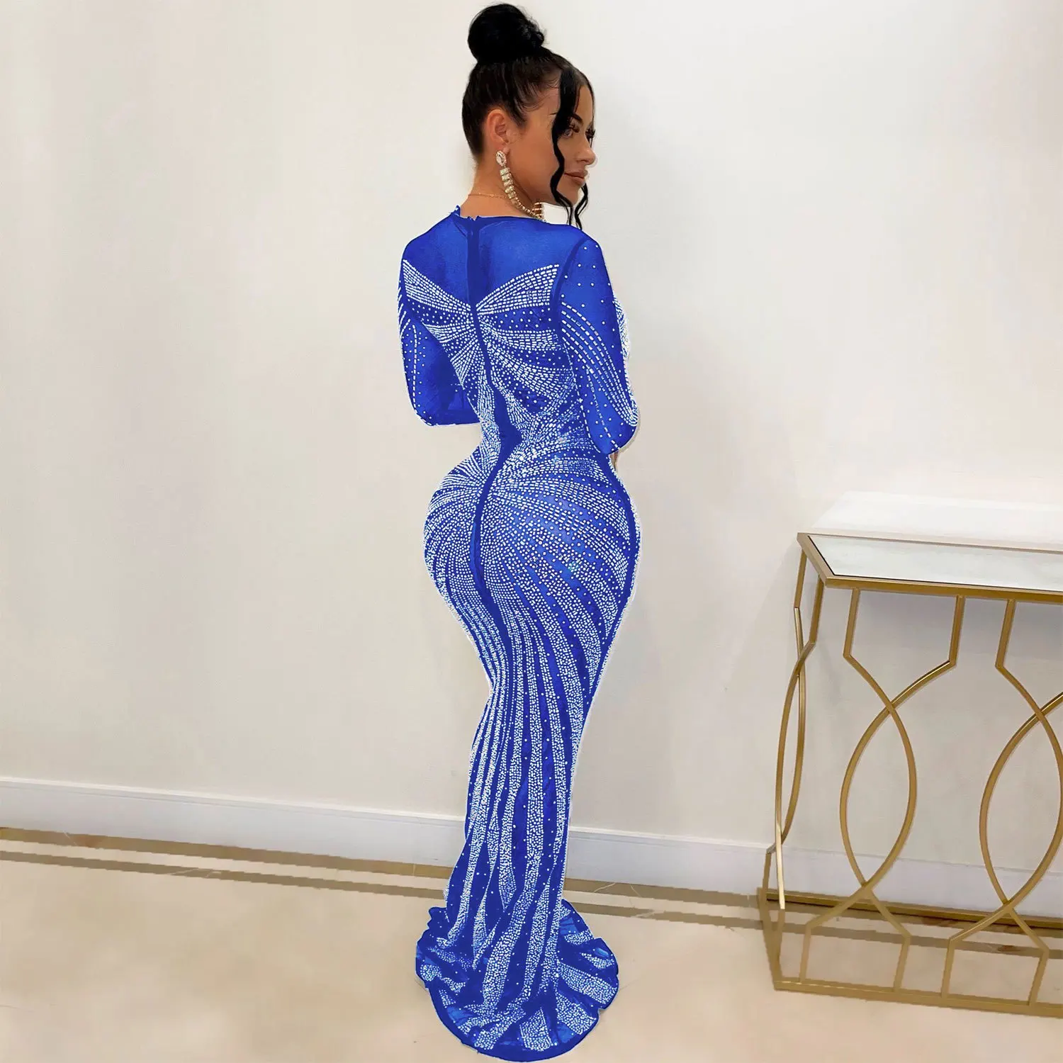 Sexy Rhinestone Crystal Mesh See Through Maxi Dress New Women Long Sleeve Birthday Night Clubwear Long Dress Wedding Party Dress