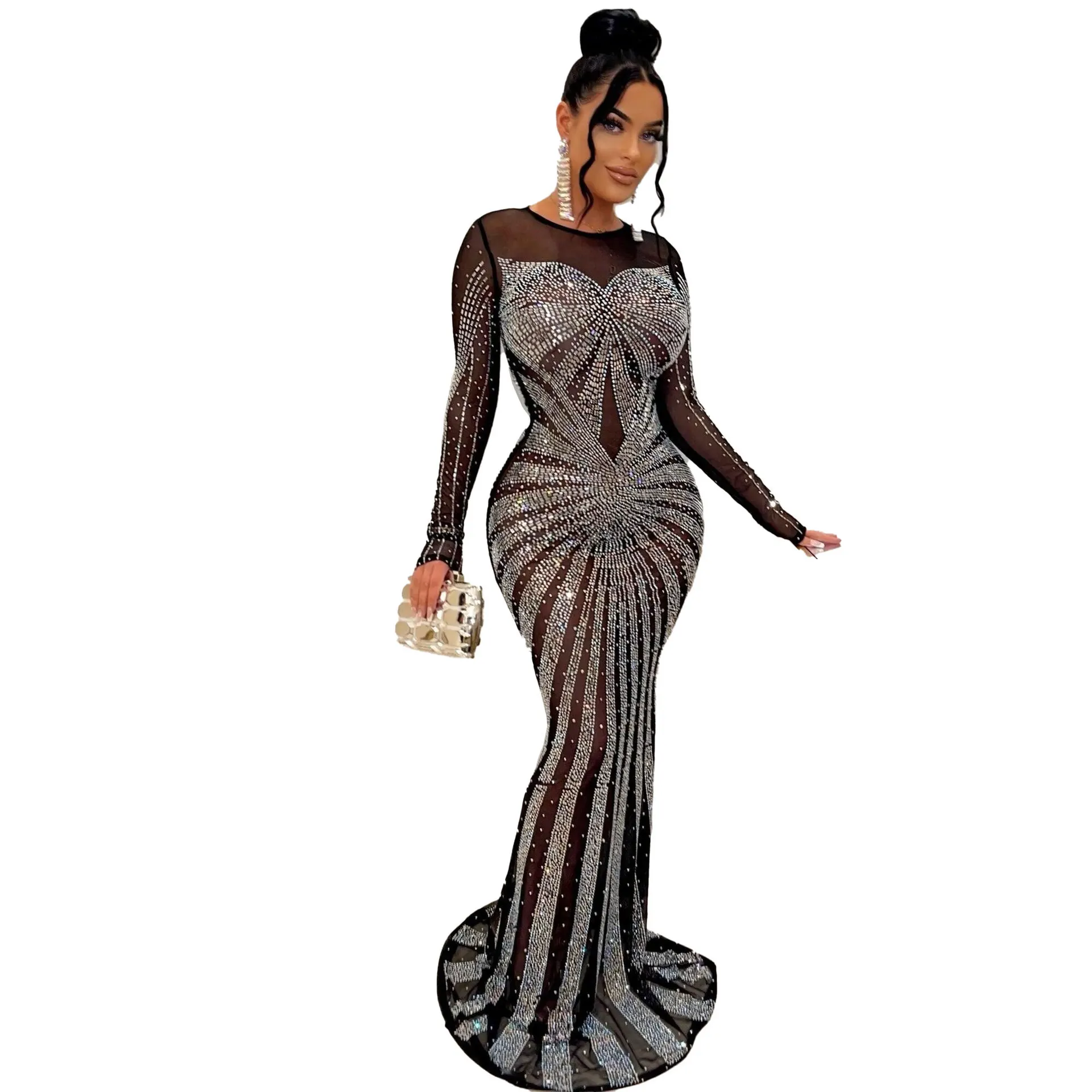 Sexy Rhinestone Crystal Mesh See Through Maxi Dress New Women Long Sleeve Birthday Night Clubwear Long Dress Wedding Party Dress