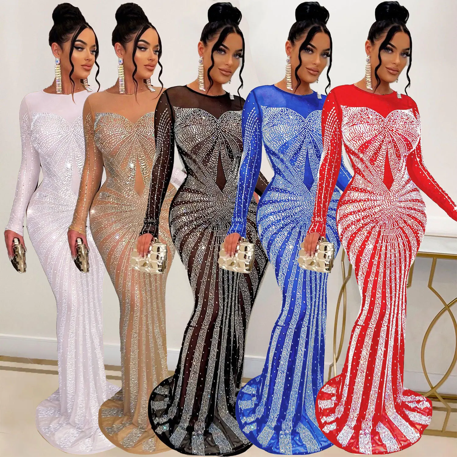 Sexy Rhinestone Crystal Mesh See Through Maxi Dress New Women Long Sleeve Birthday Night Clubwear Long Dress Wedding Party Dress