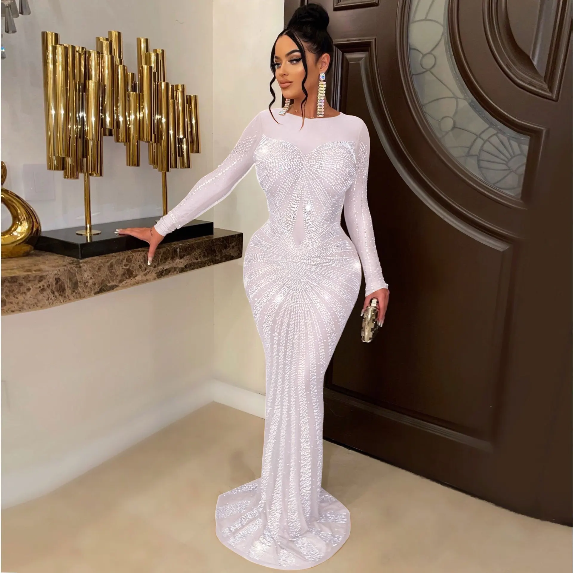 Sexy Rhinestone Crystal Mesh See Through Maxi Dress New Women Long Sleeve Birthday Night Clubwear Long Dress Wedding Party Dress