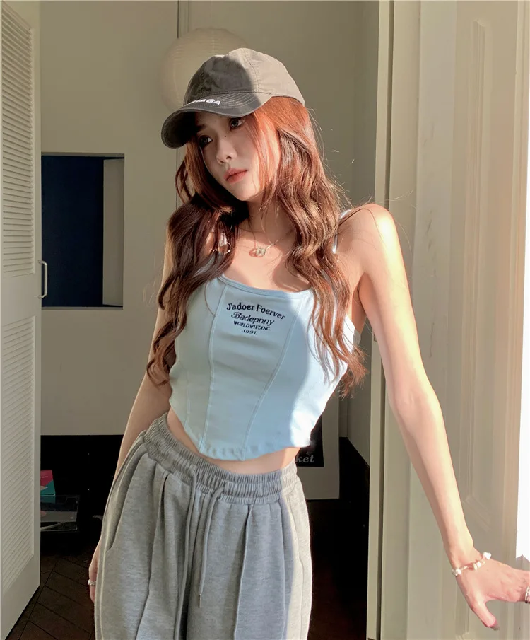 Women Crop Top Summer Y2K Lrregular Hem Slim Tank Tops Casual Sexy Female White Streetwear Letter Tank Tops With Pad Woman