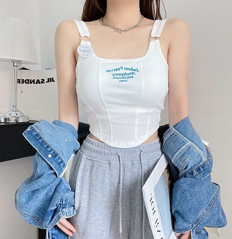 Women Crop Top Summer Y2K Lrregular Hem Slim Tank Tops Casual Sexy Female White Streetwear Letter Tank Tops With Pad Woman