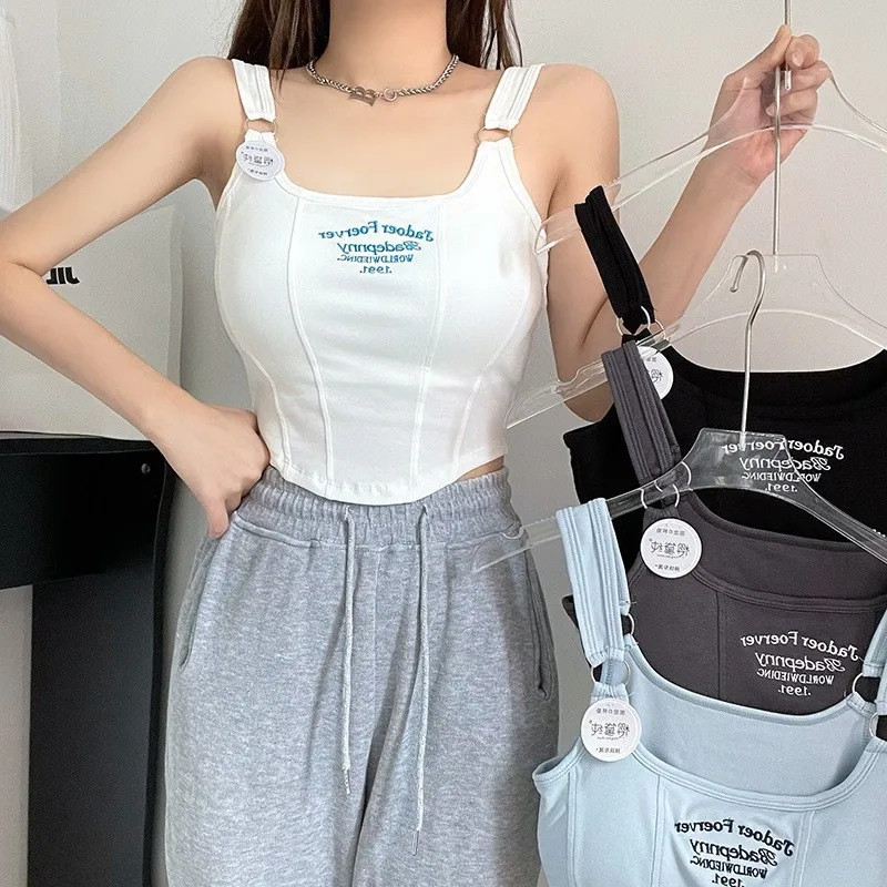 Women Crop Top Summer Y2K Lrregular Hem Slim Tank Tops Casual Sexy Female White Streetwear Letter Tank Tops With Pad Woman