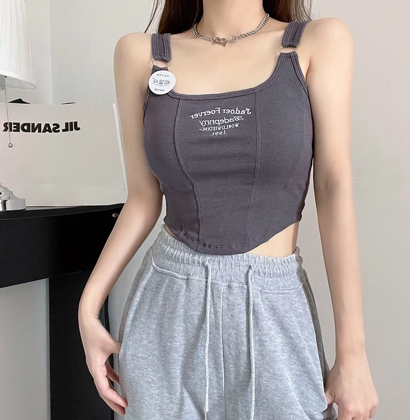 Women Crop Top Summer Y2K Lrregular Hem Slim Tank Tops Casual Sexy Female White Streetwear Letter Tank Tops With Pad Woman
