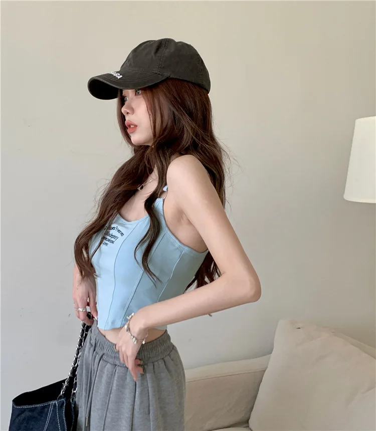 Women Crop Top Summer Y2K Lrregular Hem Slim Tank Tops Casual Sexy Female White Streetwear Letter Tank Tops With Pad Woman