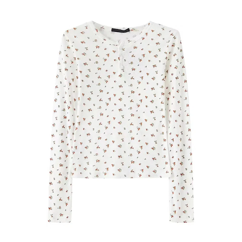 Vintage Floral Print Slim T-shirts Women Sweet Chic Button Round Neck Long Sleeve T Shirt Women Autumn Streetwear Y2k Tops 2024