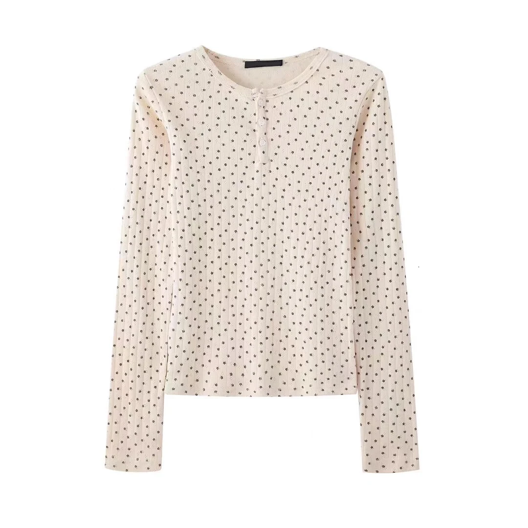 Vintage Floral Print Slim T-shirts Women Sweet Chic Button Round Neck Long Sleeve T Shirt Women Autumn Streetwear Y2k Tops 2024