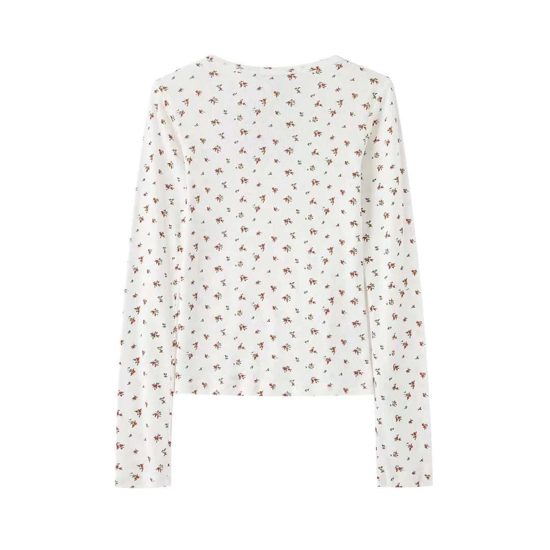 Vintage Floral Print Slim T-shirts Women Sweet Chic Button Round Neck Long Sleeve T Shirt Women Autumn Streetwear Y2k Tops 2024