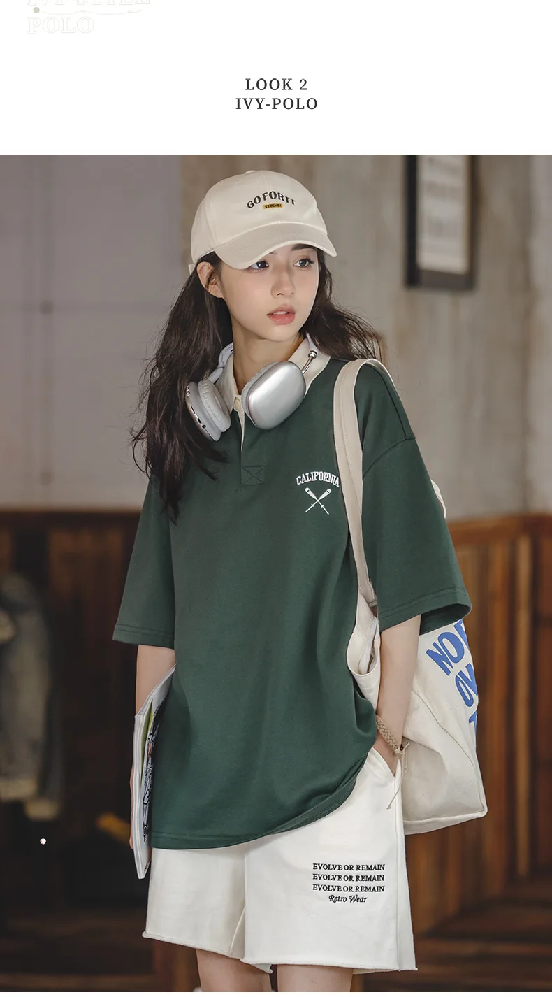 Maden Women's Oversized Polo Shirt Green White Color Block Drop Shoulder Short Sleeve Cotton Summer Casual Top