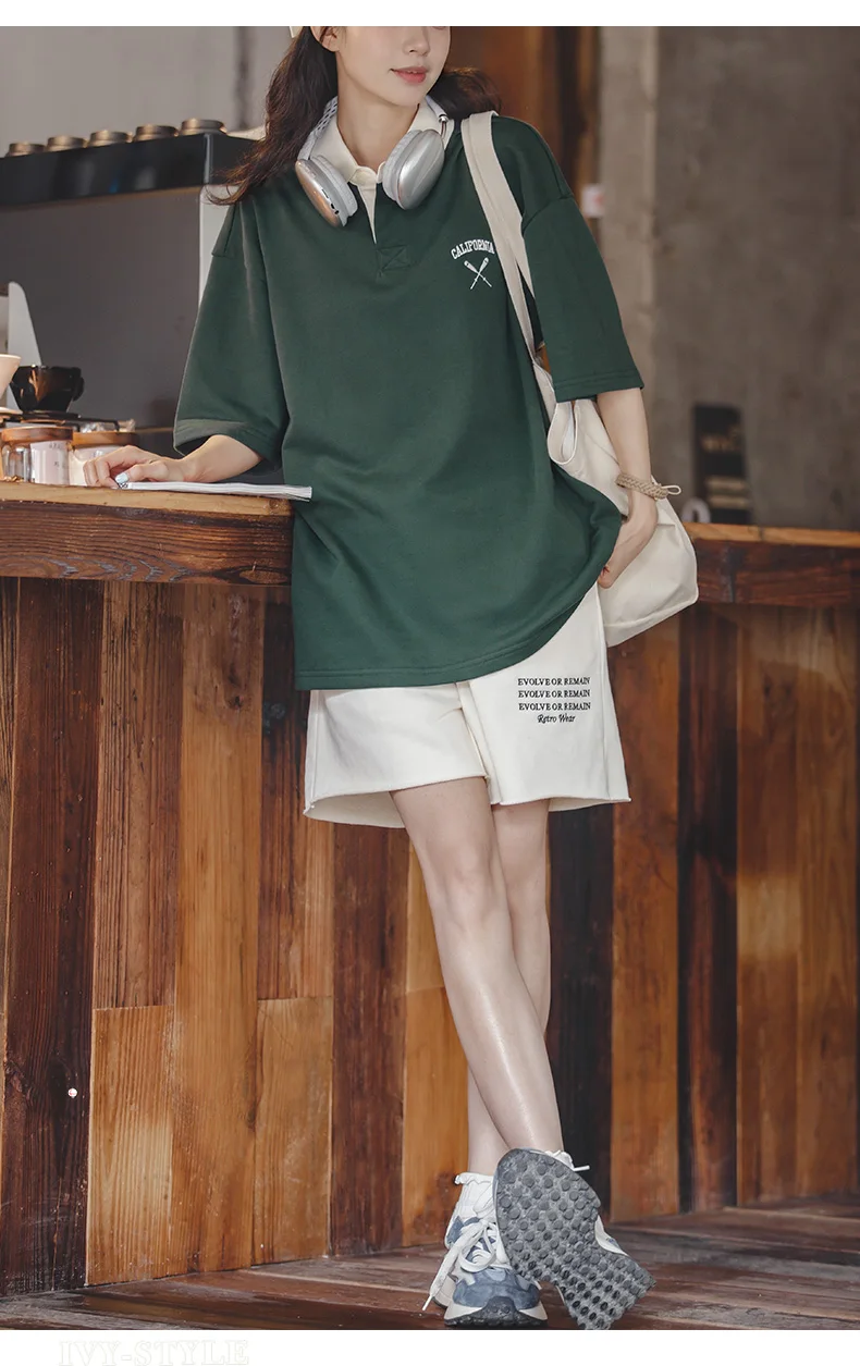 Maden Women's Oversized Polo Shirt Green White Color Block Drop Shoulder Short Sleeve Cotton Summer Casual Top