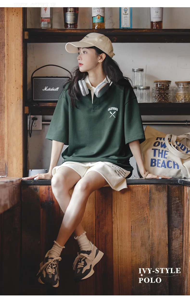 Maden Women's Oversized Polo Shirt Green White Color Block Drop Shoulder Short Sleeve Cotton Summer Casual Top