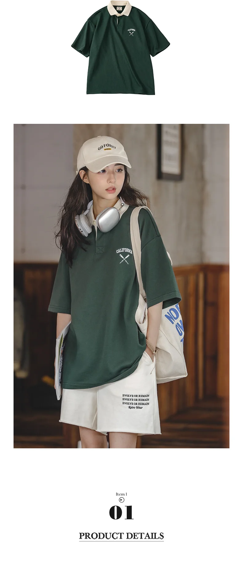 Maden Women's Oversized Polo Shirt Green White Color Block Drop Shoulder Short Sleeve Cotton Summer Casual Top